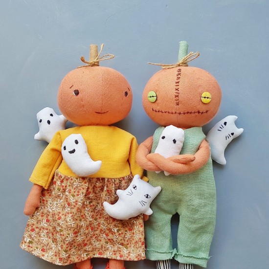 2-in-1 Pumpkin boy and girl sewing pattern, ghost pattern, funny halloween doll, 12" stuffed doll with clothes, rag doll, handmade halloween 2-in-1 Pumpkin boy and girl sewing pattern, ghost pattern, funny halloween doll, 12" stuffed doll with clothes, rag doll, handmade halloween